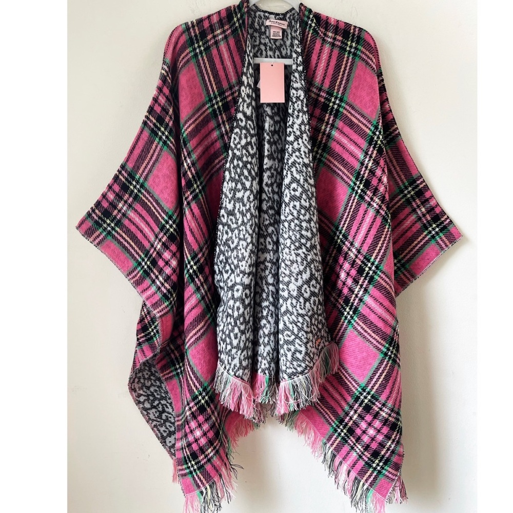 JUICY COUTURE Reversible Plaid Cozy Lagenlook Wrap in Pink and Black O/S Preppy